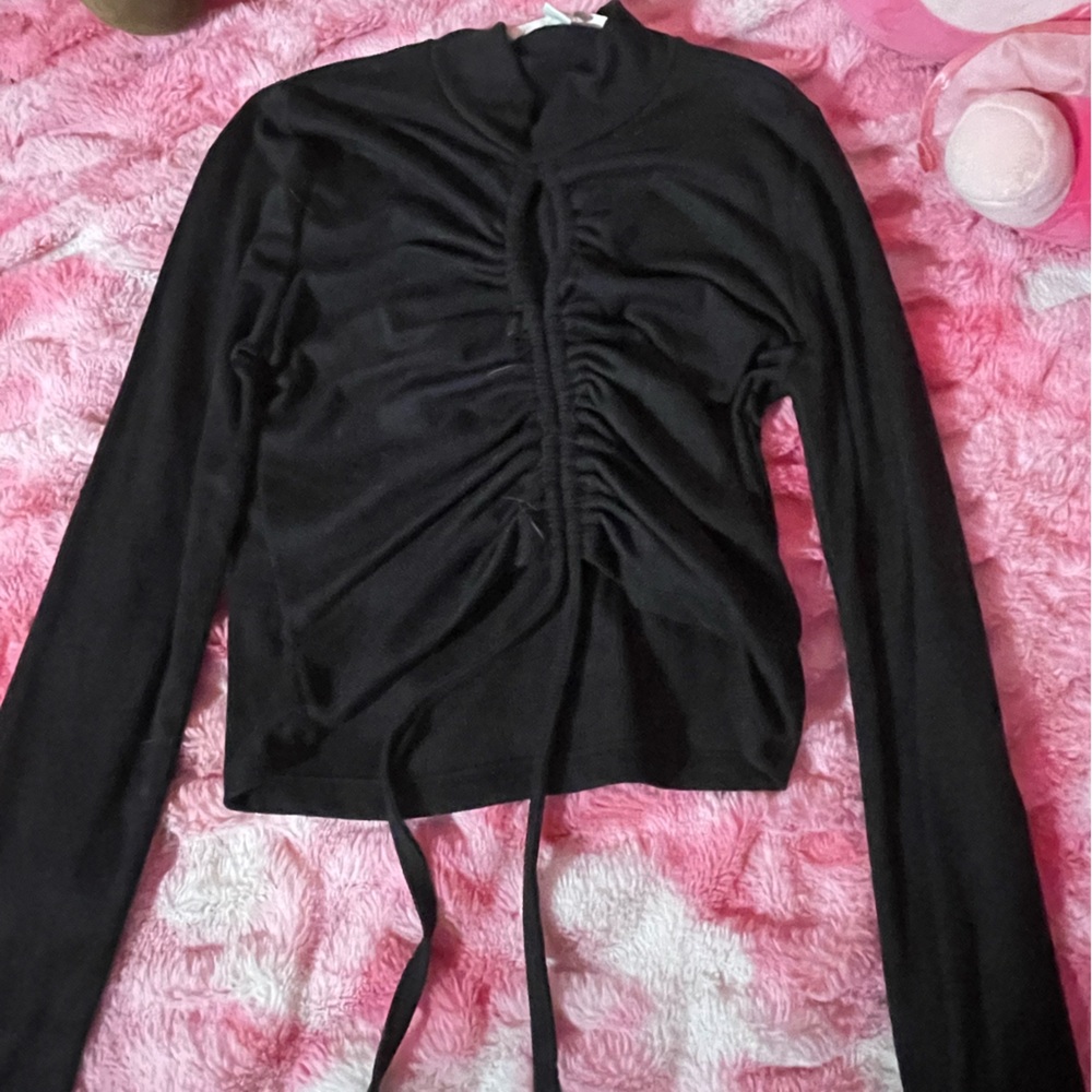 Black long sleeve crop top with tie detail